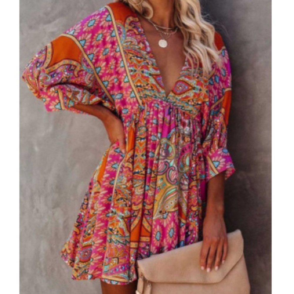 Boho Vintage Print Mini Dress - Picture 3 of 5